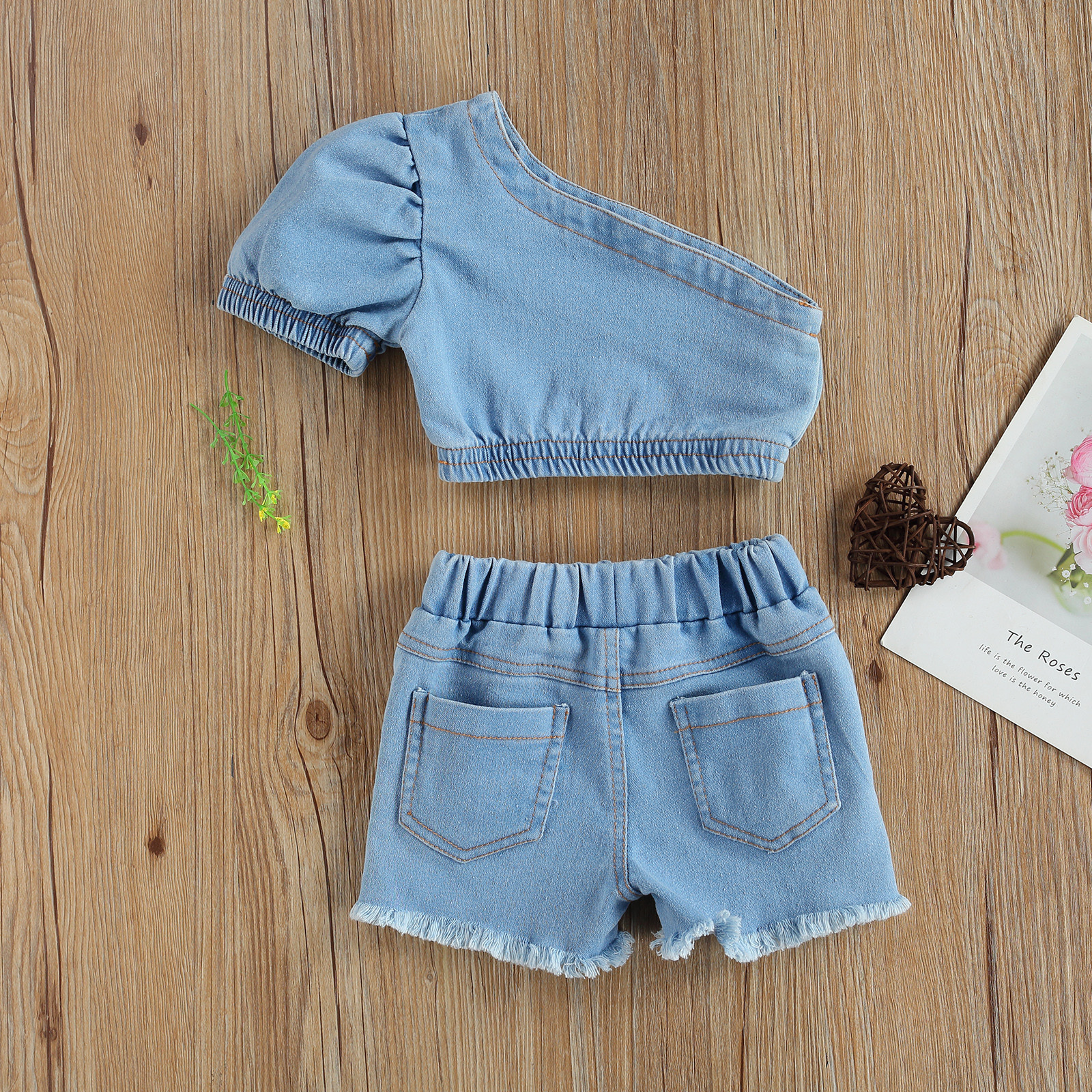 6M-4Y Summer Toddler Kid Girls Clothes Sets Denim Outfits One Shoulder Crop Top Shorts Jeans Costumes 210515