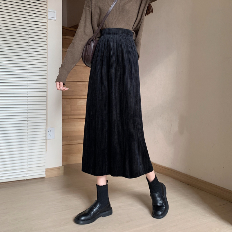 Women Solid Pleated Skirts Autumn Winter Elastic High Wasit Casual Mid-calf Skirt Long Faldas Largas Mujer Dropshiping 210514