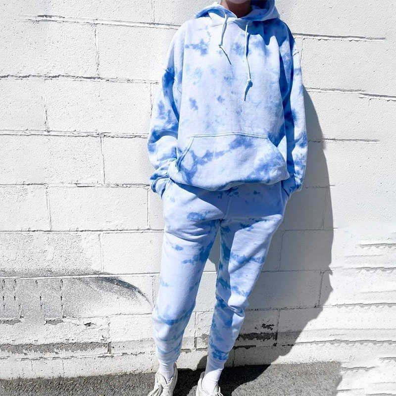 Femme Hoodies Sweatshirt Tie Dye Loose Two Piece Set Pants Lounge Wear Women Tracksuit Blue Outfits Winter Chandal Autumn Mujer 210709