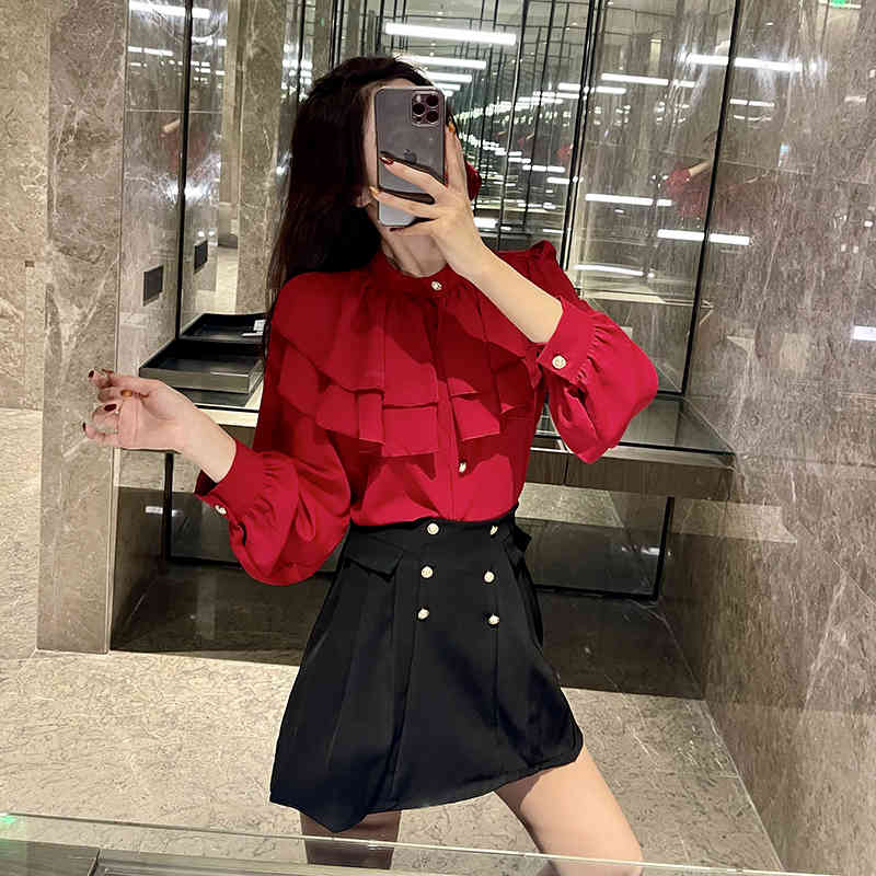 Spring Two piece set Women Red Ruffles Patchwork Long Sleeve Chiffon Shirt Top + Black A-line Mini Skirt Suits 210519