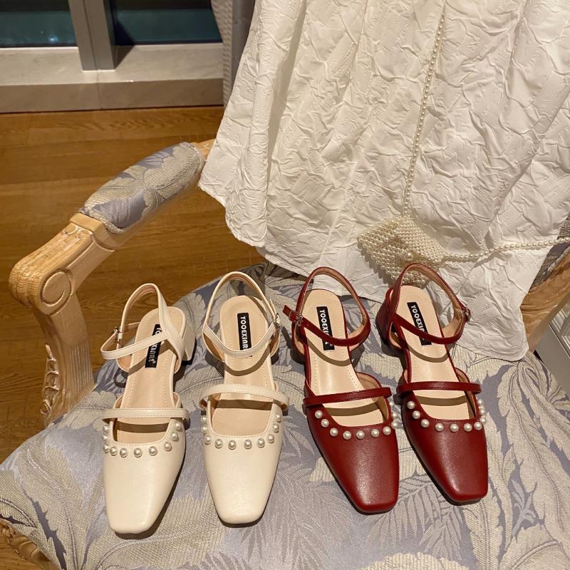 Preppy String Beads Cover Toe Sweet Sandals Women Thicken Med High Heels Slippers Solid Girls Pearl Square Sandalias Mujer, Apricot
