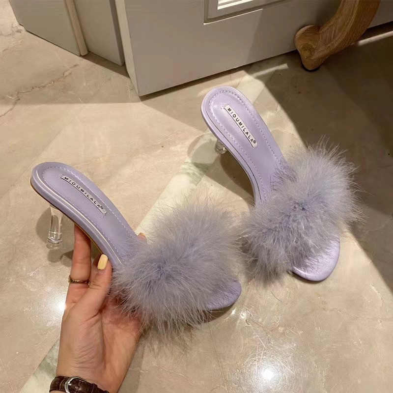 Elegant Fur Women Slides Slippers Open Toe Clear Thin High Heels Pumps Purple Sandals Dress Shoes Fashion Summer Slides Mules 210513