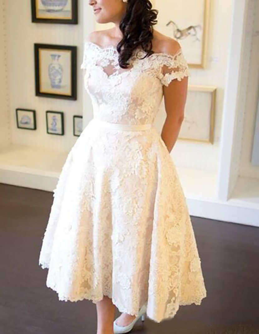 1950s Vintage Tea Length Wedding Dress Off Shoulder Short Sleeve Full Lace A Line Short Bridal Gowns Custom Size 2021