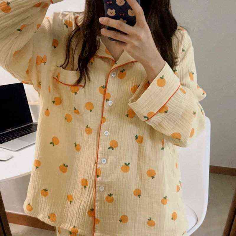 Cotton Home Suits Korean Sleepwear Orange Print Pajamas for Women Autumn Pijama Pyjamas Long Sleeve 2 Piece Set Pjs Drop 211118