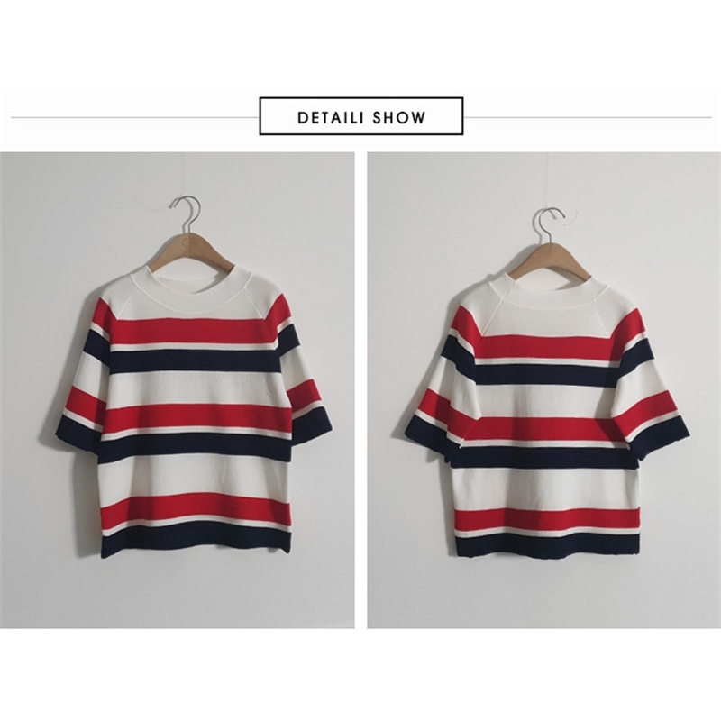 Knitted Striped 3 Pieces Set Women Single-Breasted Cardigan + Short Sleeve Pullover Tops Bodycon Skirt Suit Women's Sets 210519