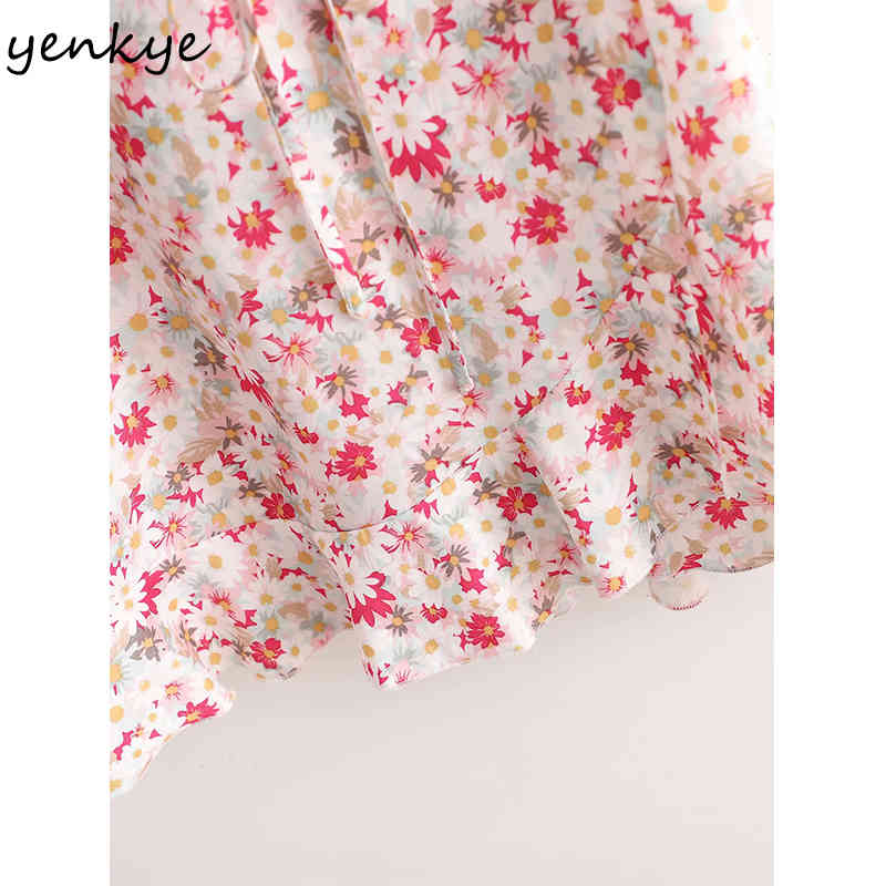 Holiday Women Floral Print Ruffle Wrap Dress Female Cross V Neck Short Sleeve A-line Casual Summer Mini Vestido 210430
