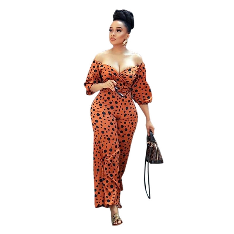 Women Jumpsuit Puff Sleeves Off Shoulder Sexy Rompers s Plus Size Dot Fashion 210524