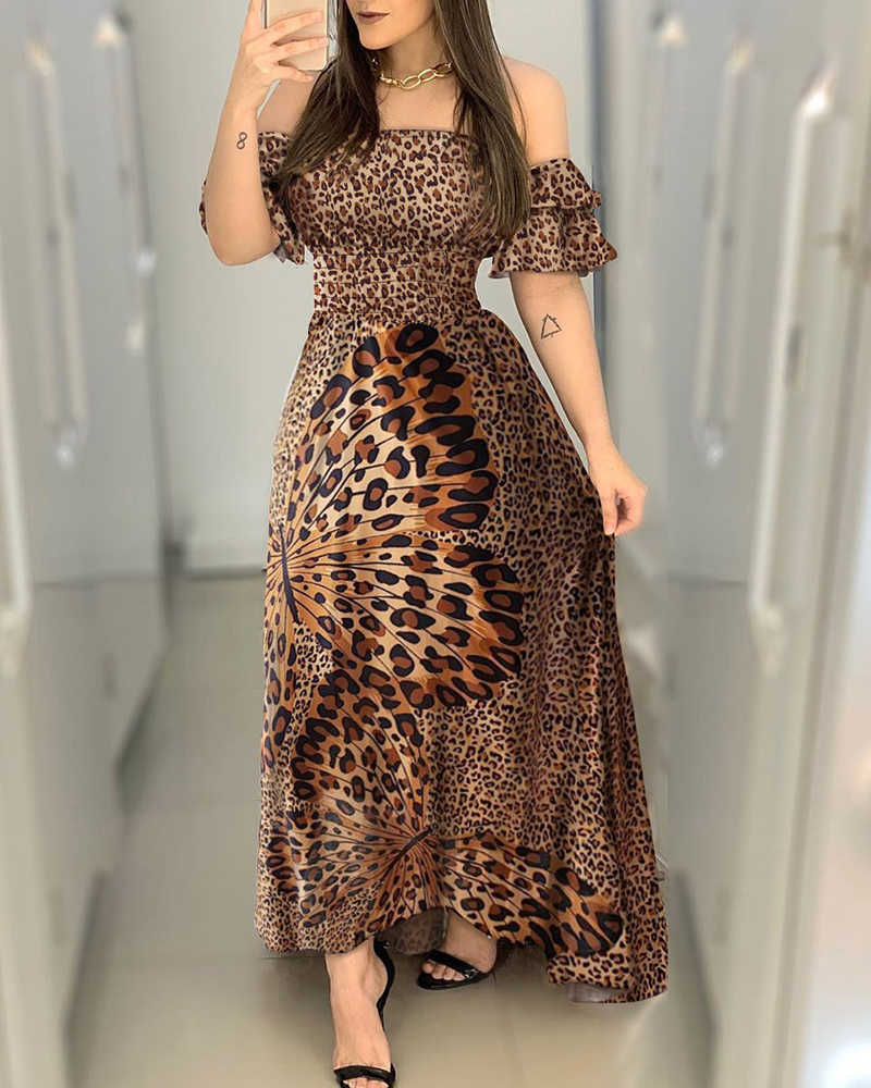 Women Off Shoulder Elegant Fashion Cocktail Sexy Party Dresses Ball Gown Leopard Maxi Dress 210716