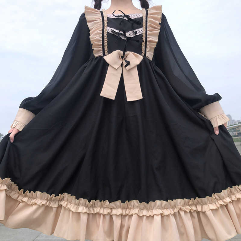 Japanese Harajuku Gothic Bandage Bow Splice Dress Sweet Lolita Girl Cosplay Kawaii Ruffle Party 210623
