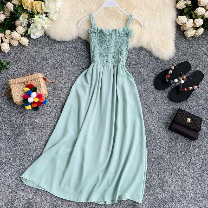 Chic Korean Solid Women Dress Sleeveless Summer A-line Chiffon Long Dresses Beach Style Button Vestidos 210521