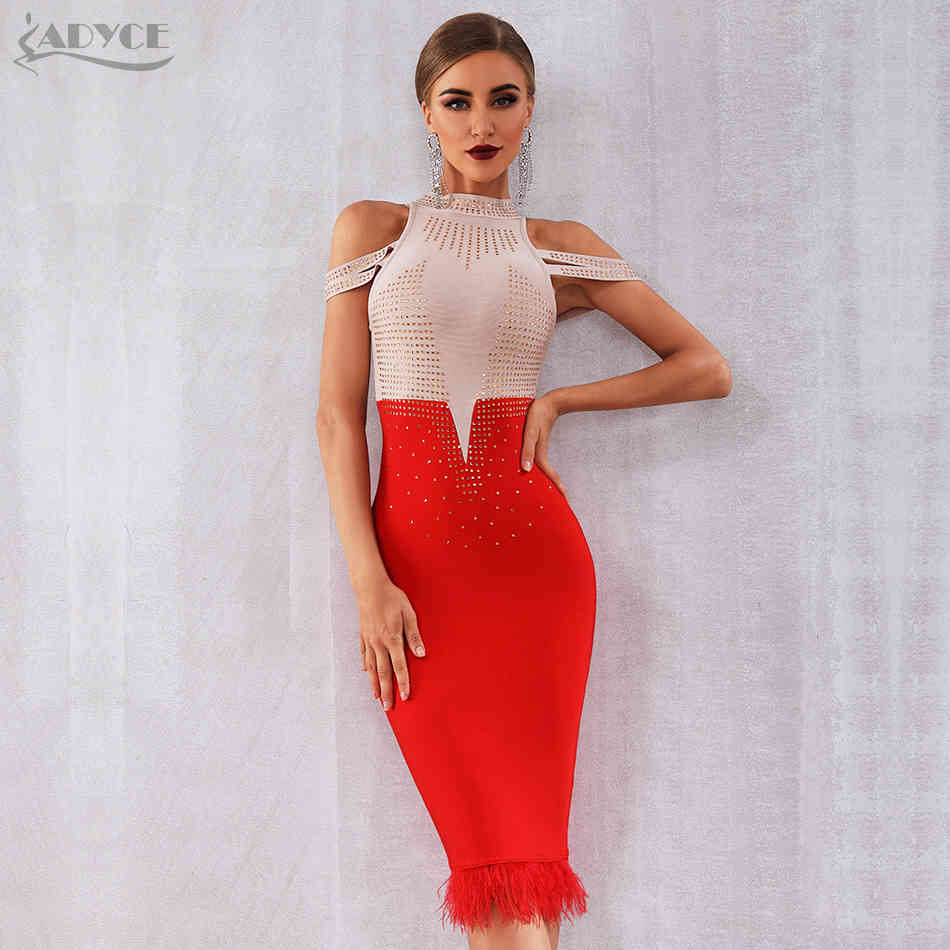 Summer Bandage Dress Women Elegant Red Off Shoulder Sexy Feather Bodycon Club Beading Celebrity Party 210423