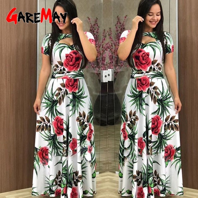 Spring Summer Women Fashion Floral Print Maxi Dress Short Sleeve Casual Black Elegant Prom Sexy Long Female Vintage 210428