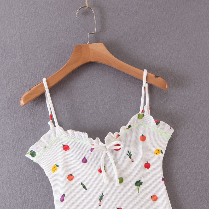 two pieces suit woman white V-neck long-sleeved sweet slim holiday fruit print knitted cardigan tops + mini strap dress 210514