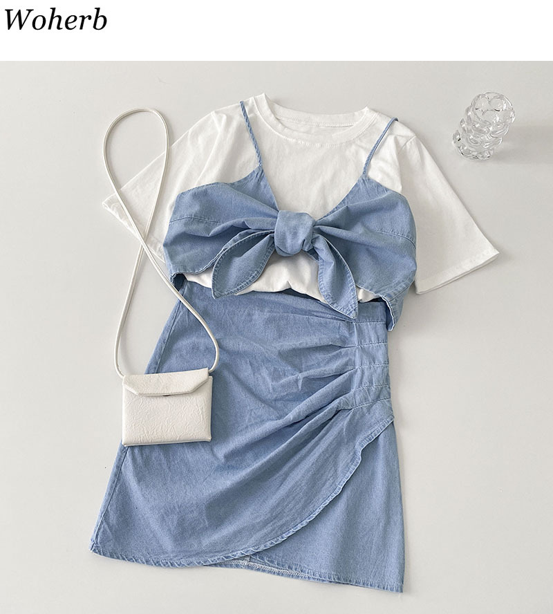 Summer Streetwear Fashion Suits Women Casual White Top Denim Sling High Waist Folds Skirt Temperament Three-piece Sets 210519