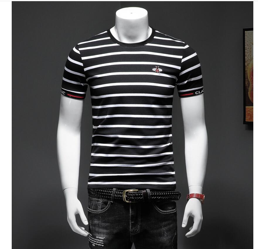 European station men's bee embroidery T-shirt 2021 summer striped men's short-sleeved T-shirt men's net red half-sleeved top