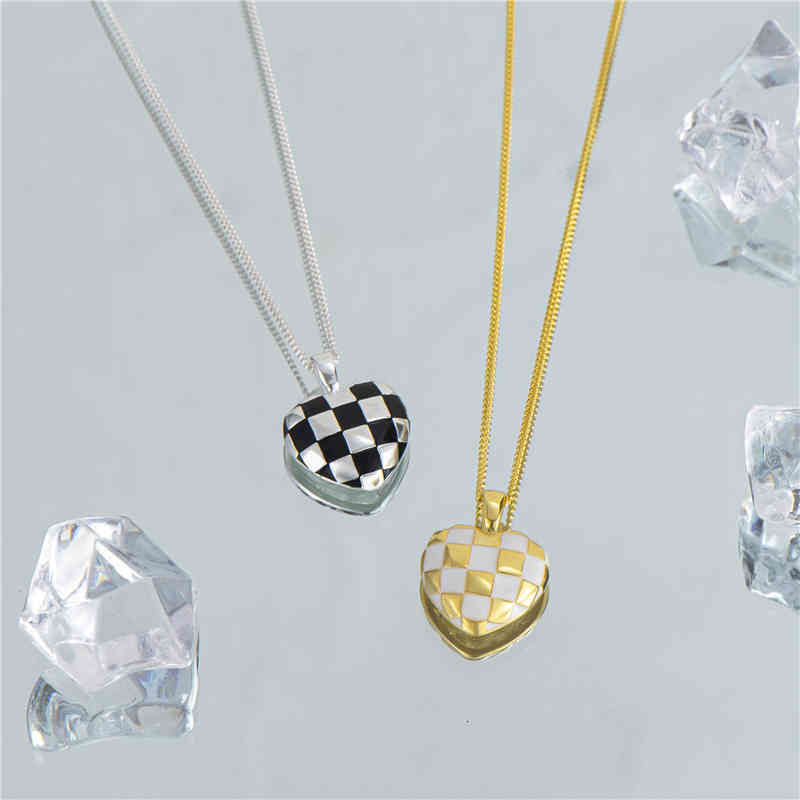 S925 Sterling Silver Personalized Love Checkerboard Gold and Necklace Female Minority Design Ins Style Clavicle Chain