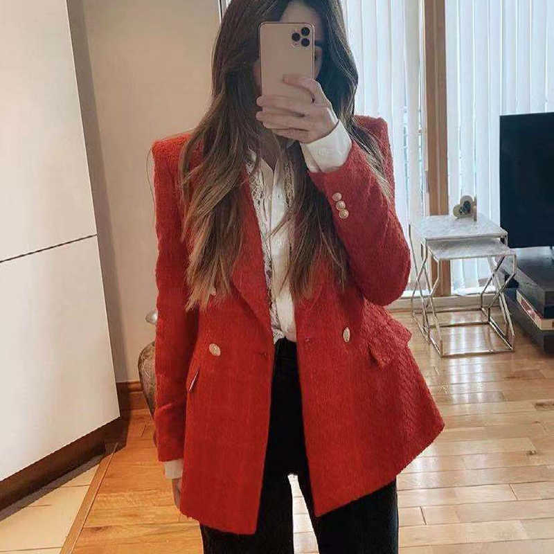 Tweed Women Vintage Red Blazers Autumn Fashion Ladies Elegant Slim Jacket Streerwear Girls Chic Blazer Cute 210527
