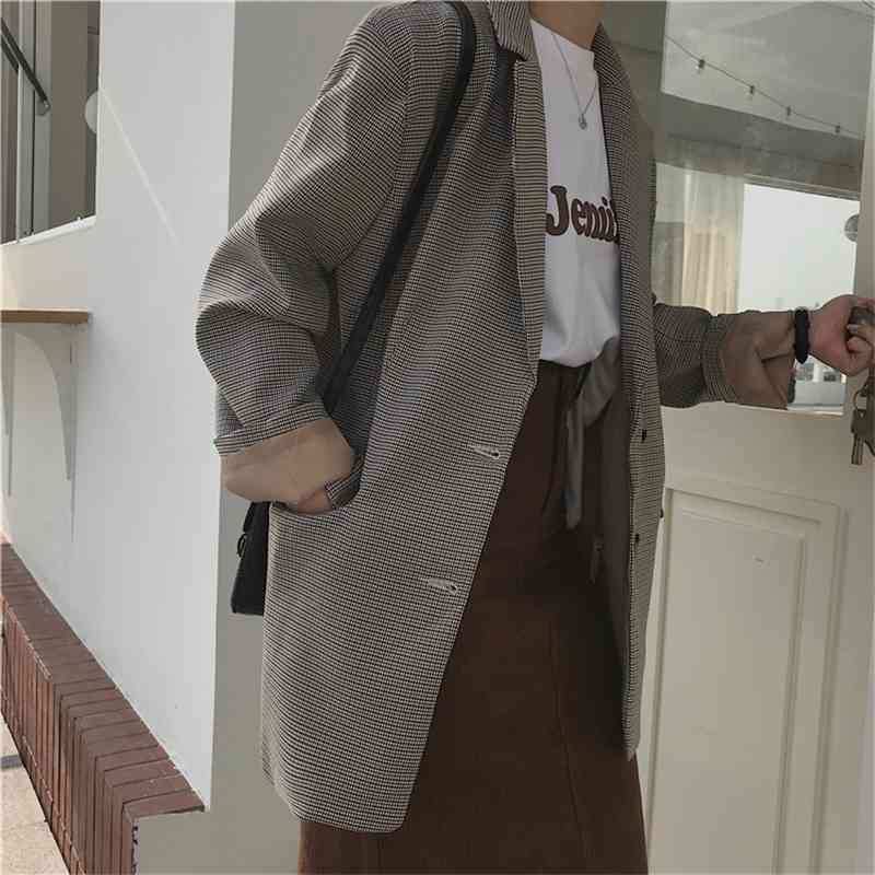 Vintage Single Breasted Office Ladies Plaid Blazer Long Sleeve Loose Suit Coat Jacket Women blazers Female 210514