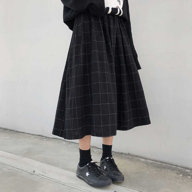 YBYR Japanese Style Elastic High Waist Long Skirts Woman Autumn Winter Female Loose Plaid A-line Pleated Harajuku Spring 210621