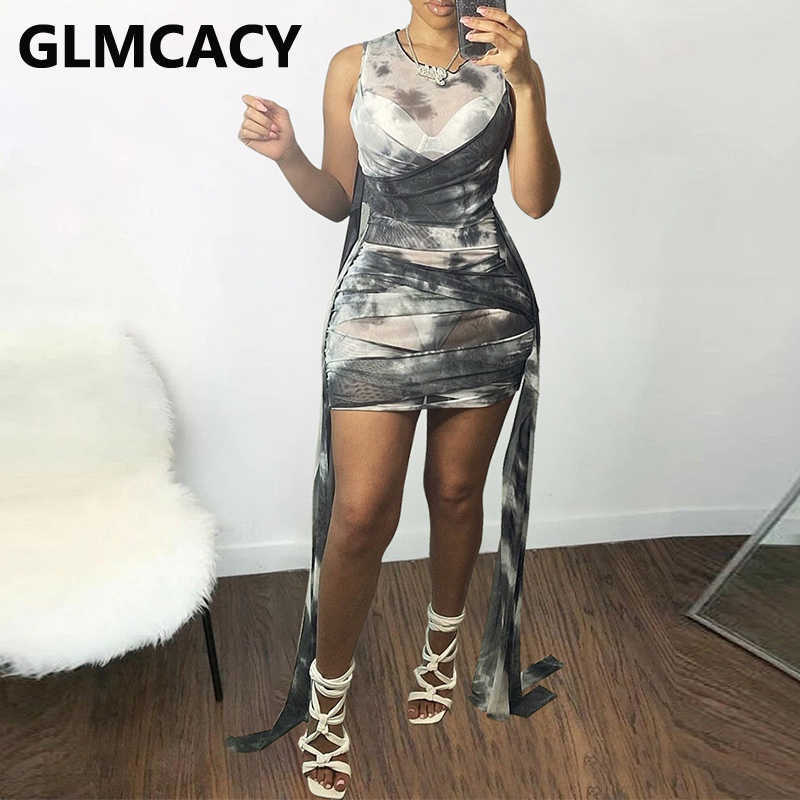 Women Tie Dye Printed Sleeveless Pleated Bodycon Mini Dress 210702