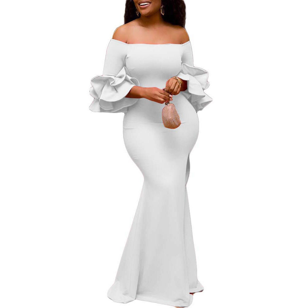 African Ladies Party Long Dress White Slash Neck Ruffles Bodycon Mermaid Floor Length Elegant Evening Dinner Night Vestidos 210510