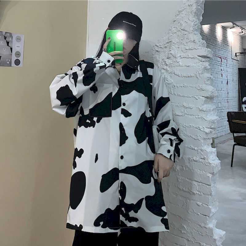 Autumn Coat Korean Version Harajuku Dark Cow Print Casual Wild Loose Long-sleeved Shirt Lapel Hip-hop Style L 210526