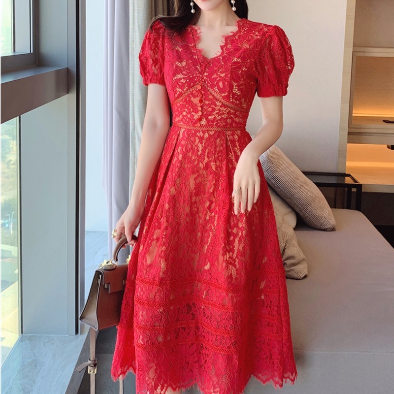 Arrived Summer Lace Dress For Woman Hollow Out V-Neck Vestidos Elegant Vintage Single-breasted Long Female 210519