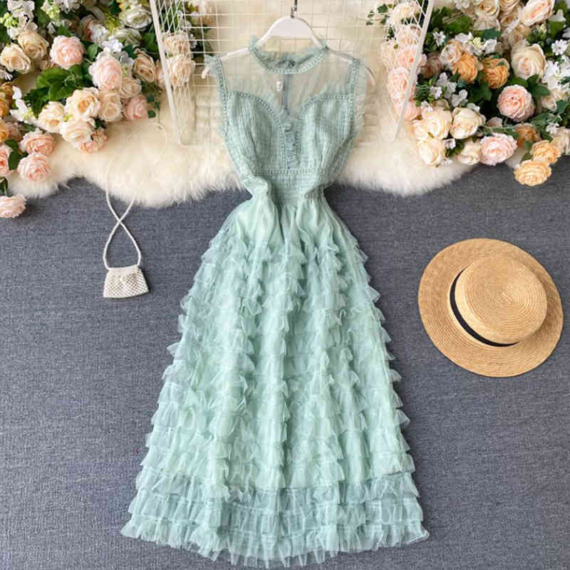 Elegant Summer Dress Women O Neck Sleeveless Midi Female Solid Color Sweet Mesh Dresses A-line Ruffles Cake Dress Vestidos 210521