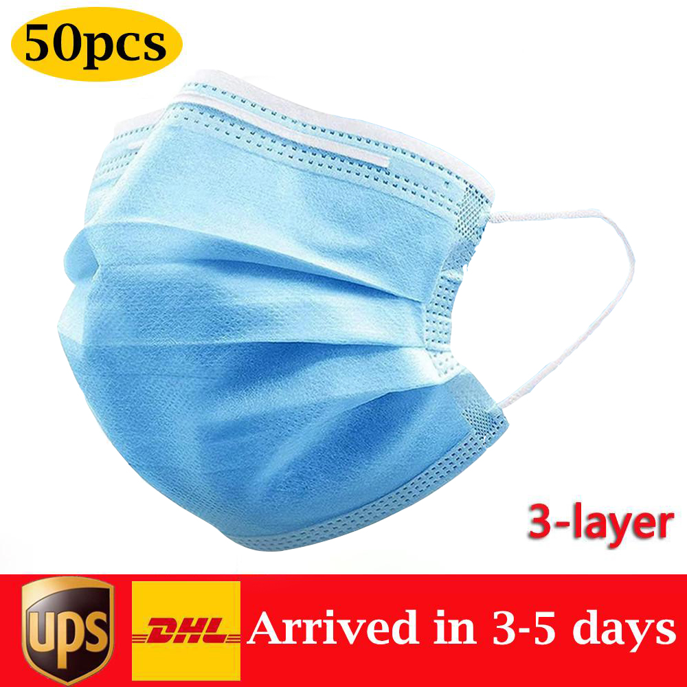 In stock disposable mask 50 pieces protection and personal 3 layer face mask with ear hanging mouth and face health care mask