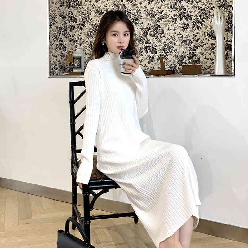 Autumn Elegant Mid-calf Dress Long Half Turtleneck Women Winter Knitted Jumper Solid Wool Korean Clothes Chic 11952 210510