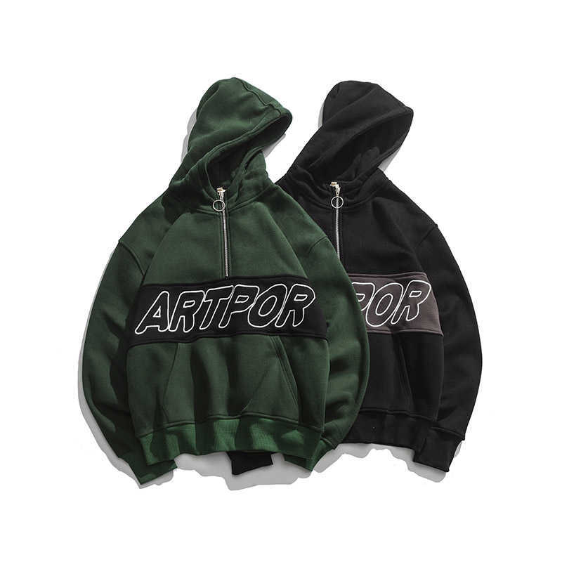 Campus Style Winter Fleece Pullover Hoodies Hip Hop Print Harajuku Streetwear Men Autumn Cotton Warm Hooded Sweatshirts Green 210603