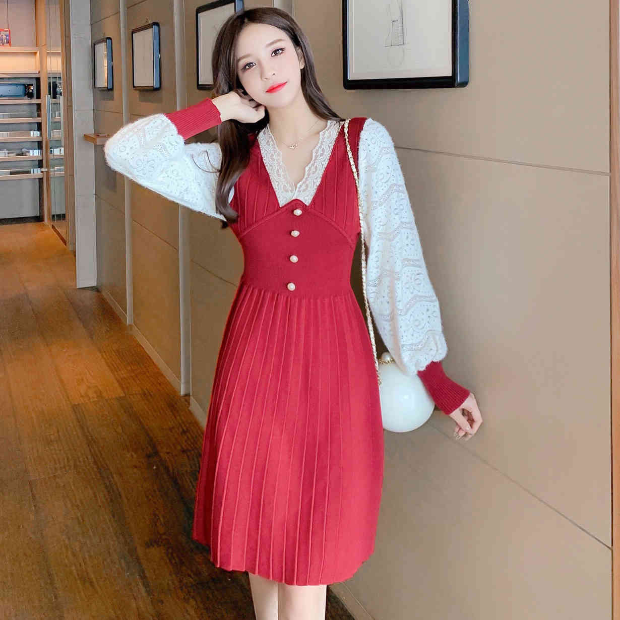 Woman Elegant Autumn Spring Red Sweater Dresses Lace Patchwork Long Sleeve A-Line Knit Vestido Da Festa 210520