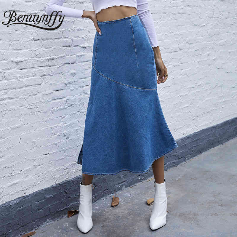 Zipper Fly Ruffle Hem Denim Skirt Women Autumn winter High Waist Bodycon Jean s Elegant Ladies Split Long 210510