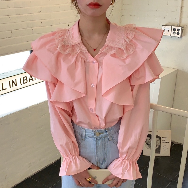 Korean Blouse Ruffle Turn Down Collar Long Sleeve Shirt Women Solid Color Casual Loose Fashion Tops Chic Blusas 210519