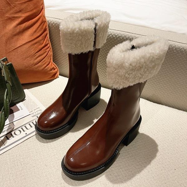 Boots Women 2021 Zipper Plush Winter Footwear Female Shoes Round Toe Fur Med Rock Rubber Mid Calf Mid-Calf Ladies Solid Mid-