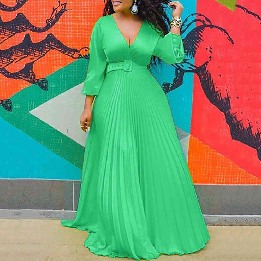 Women Chiffon Pleated Dress High Waist Floor Length Long Sleeve Deep V Neck Yellow Elegant For Evening Party Night Dresses 210510