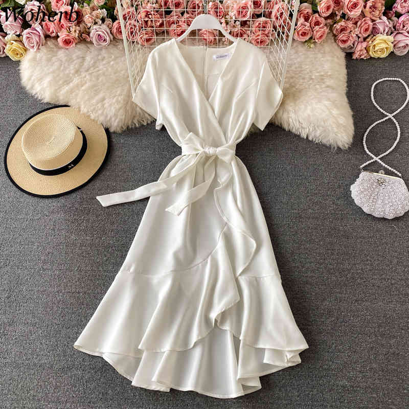 Summer Woman Dress Elegant Temperament Vestidos V-neck Slim Waist Robe Irregular Lace Up Ruffles Dresses Female 210422