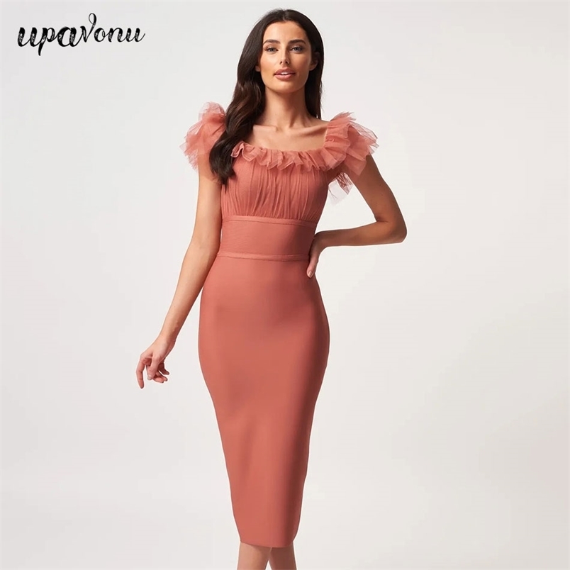 Free Women Bandage Dress Sexy Square Neck Short Sleeve Mesh Patchwork Bodycon Midi Elegant Party Vestido 210524