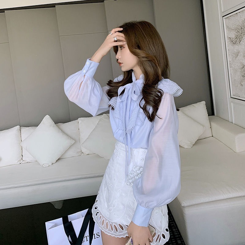 Nomikuma Women Blouse Korean Ruffle Patchwork Shirts Causal Bow Tie Stand Neck Elegant Tops Spring New Blusas Mujer 6F605 210427