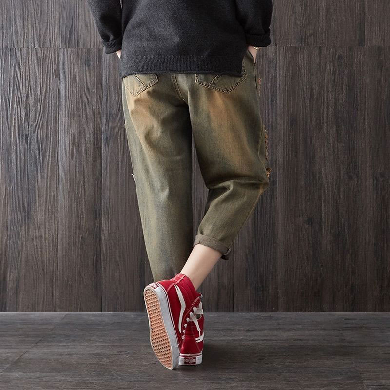Spring Vintage Patchwork Embroidery Women Jeans Hole Ripped Medium Loose Harem Denim Pants Female Cotton Elastic Waist D97 210512