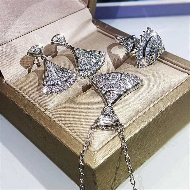 2021 Top Sell Luxury Jewelry Set 925 Sterling Silver Full Princess Cut White Topaz CZ Diamond Skirt Clavicle Necklace Dangle Earring Women Wedding Ope