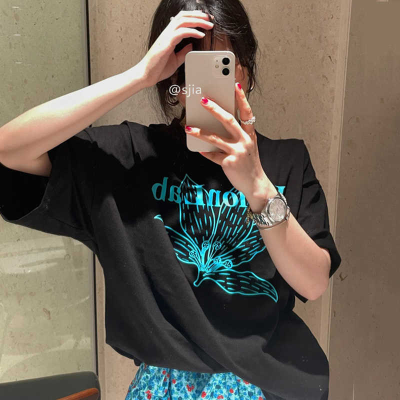 Korejpaa Women T-Shirt Summer Korean Chic All-Match Round Neck Plant Sketch Letter Printing Contrast Color Loose Pullover 210526