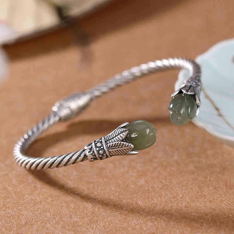Original S925 Sterling Silver Hetian Jade Gray Personality Magnolia Antique Distressed Ladies Open-ended Bracelet