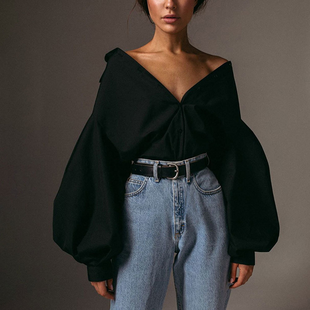 Lantern Sleeve Elegant Shirt Sexy V Neck Button Vintage Blouse Turn Down Collar Office Lady Loose Oversized Female Casual 210428