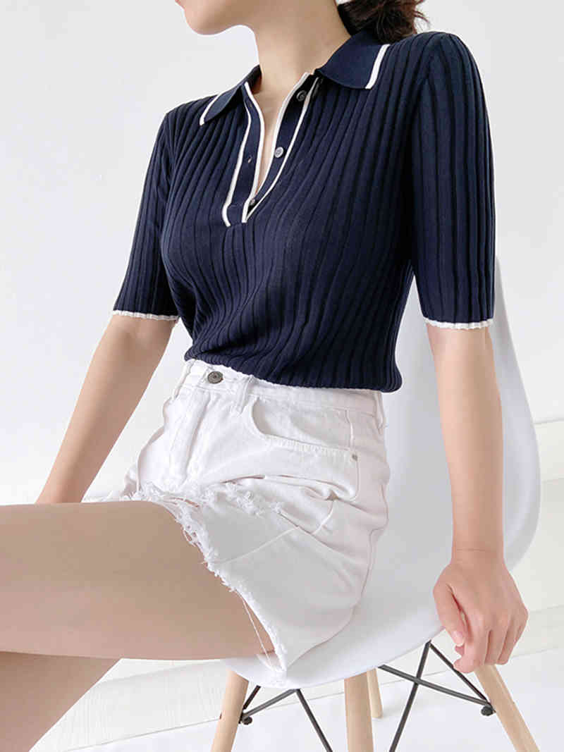 High Quality Womens Tops Summer T-Shirt Slim Button Retro V-Neck Knitted Thin Short Sleeve Knitwear A-002 210522
