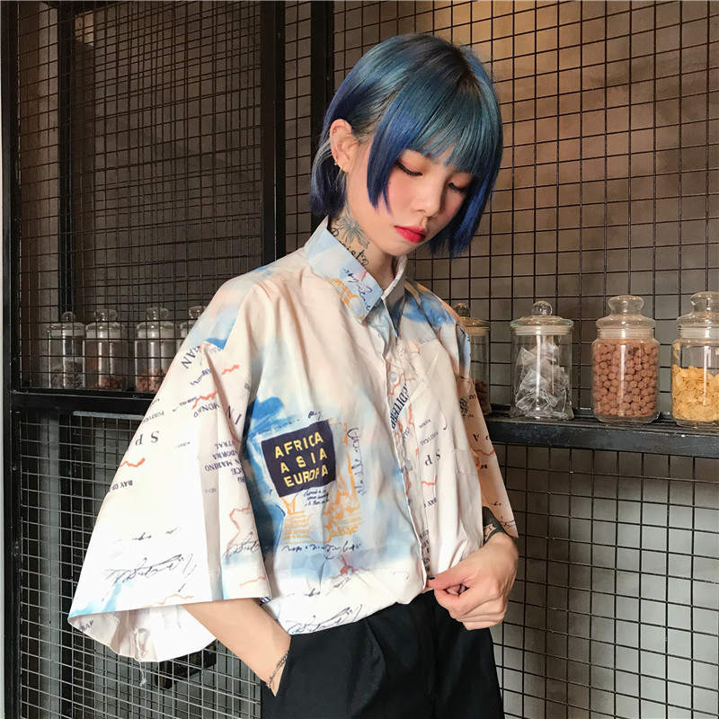 Neploe Harajuku Streetwear Blouse Shirt Short Sleeve Turn-down Collar Top Digital Printing Woman Man Oversized Shirts 37776 210317