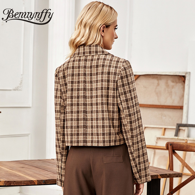 Notched Collar Single Button Plaid Tweed Blazer Women Autumn Long Sleeve Casual Office Woman Short Suit Coat 210510