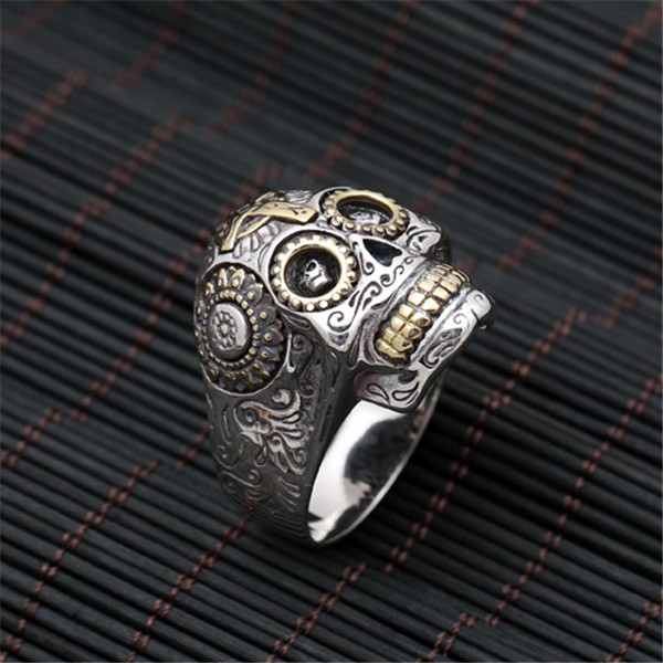 High quality 925 sterling silver skull mask band rings two tones American Europe antique handmade designer punk gothic Luxury jewelry accessories gift