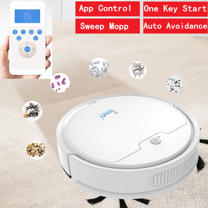 Vacuum Cleaner Robot APP control Sweepping suction mopping 3 in 1 Robot Automatic Obstacle Avoidance One Key Start Long Time, White
Vacuum Cleaner Robot APP control Sweepping suction mopping 3 in 1 Robot Automatic Obstacle Avoidance One Key Start Long Time, White