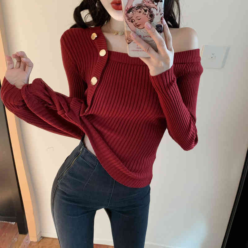 Fashion Korean Women Sweater Elegant Sexy Single-Breasted Long Sleeve Slim Knitt Sweaters Jumper Soft Warm Pull Femme 210519